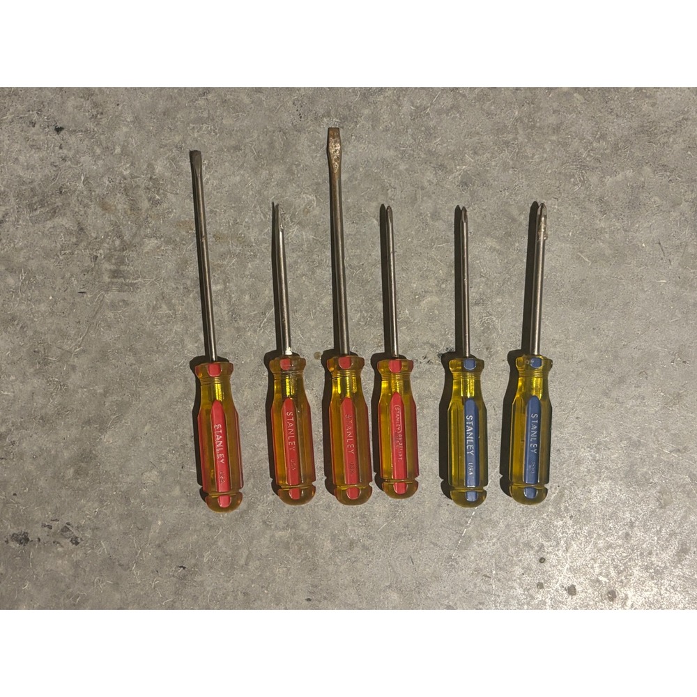 Vintage Stanley Screwdriver Set 6 Piece USA Yellow Acetate Handle Flat Phillips